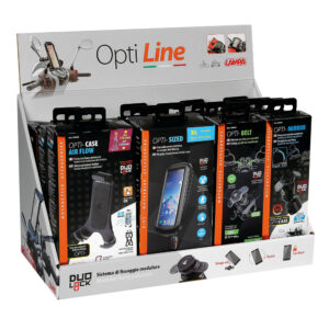 OPTILINE - Display carton pentru masa [contine produse pentru moto]<br> Setul contine:<br> 3 x LA-90437 - OPTI-BELT prindere OPTI-CASE [prindere pe ghidon diam. 15-40mm]<br> 3 x LA-90438 - OPTI-MIRROR prindere OPTI-CASE [prindere pe oglinda diam. 9-14mm]<br> 3 x LA-90453 - AIR FLOW prindere universal smartphone [125-180mm inaltime]<br> 3 x LA-90542 - OPTI-SIZED carcasa [L] pentru smartphone [80x155mm]