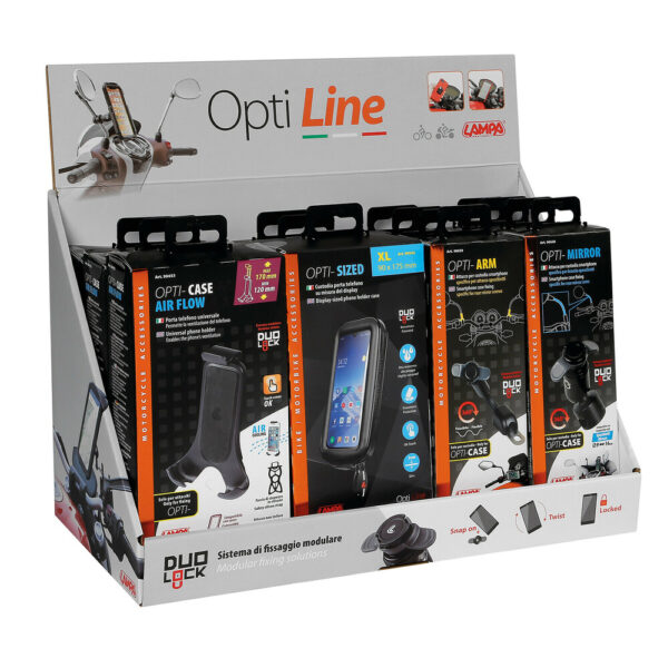 OPTILINE - Display carton pentru masa [contine produse pentru scootere]<br> Setul contine:<br> 3 x LA-90438 - OPTI-MIRROR prindere OPTI-CASE [prindere pe oglinda diam. 9-14mm]<br> 3 x LA-90439 - OPTI-ARM prindere OPTI-CASE [prindere pe oglinda]<br> 3 x LA-90453 - AIR FLOW prindere universal smartphone [125-180mm inaltime]<br> 3 x LA-90542 - OPTI-SIZED carcasa [L] pentru smartphone [80x155mm]