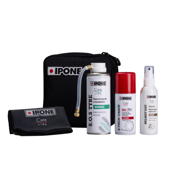 IPONE - KIT ROAD TRIP<br> Contine:<br> * 1 x SOS TYRE - 200ml [800657]<br> * 1 x Spray ungere lant - 100ml [CHAIN LUBE] [800640]<br> * 1 x Spray HELMET'OUT 100ml [800677]<br> * 1 x Laveta microfibre * 1 x Geanta textil